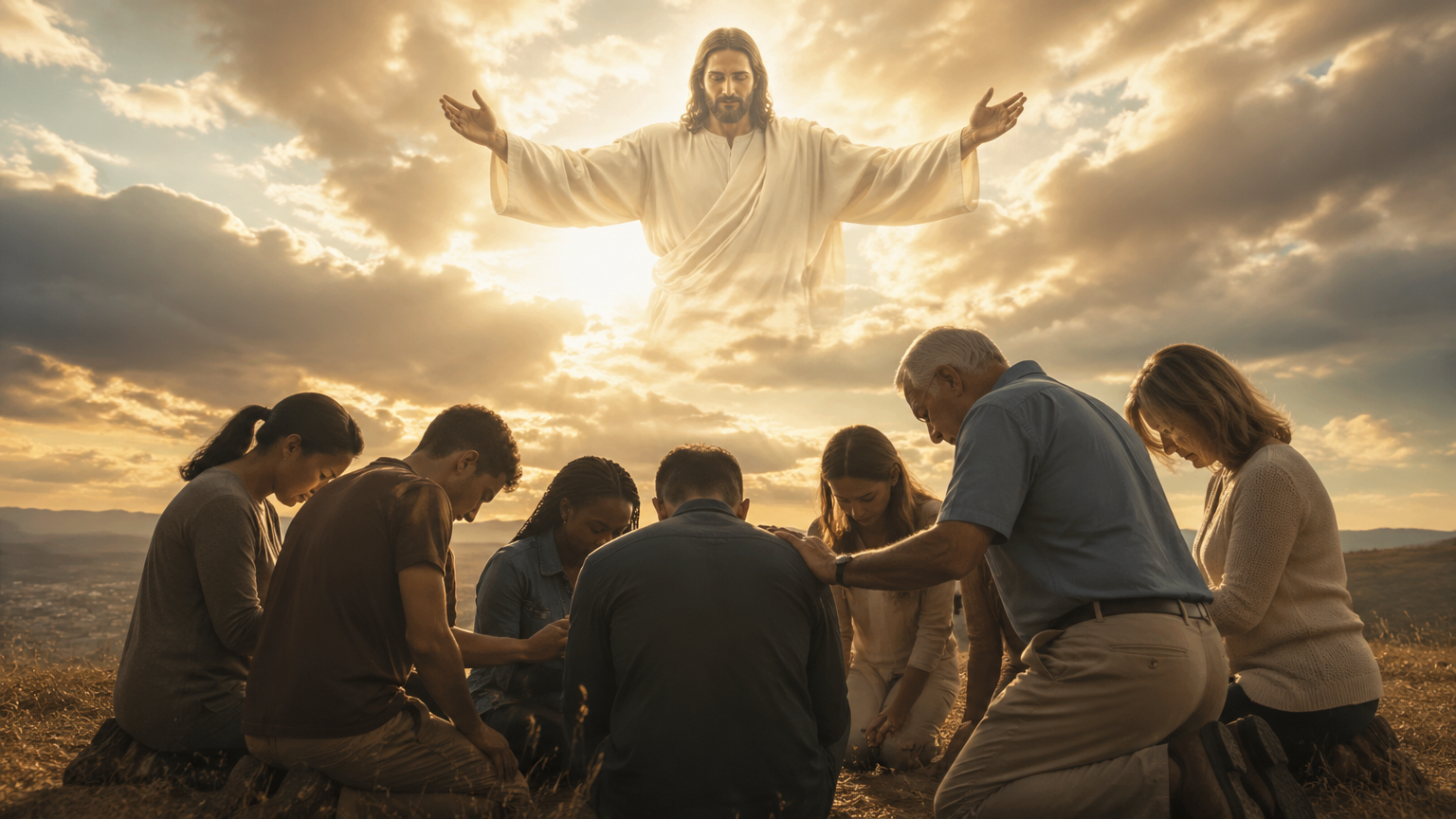 People kneeling in prayer at sunset with a luminous figure of Christ above